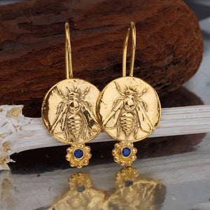 Omer 925 k Sterling Silver Bee Coin Blue Lolite Earrings 24k Gold Vermeil Plated