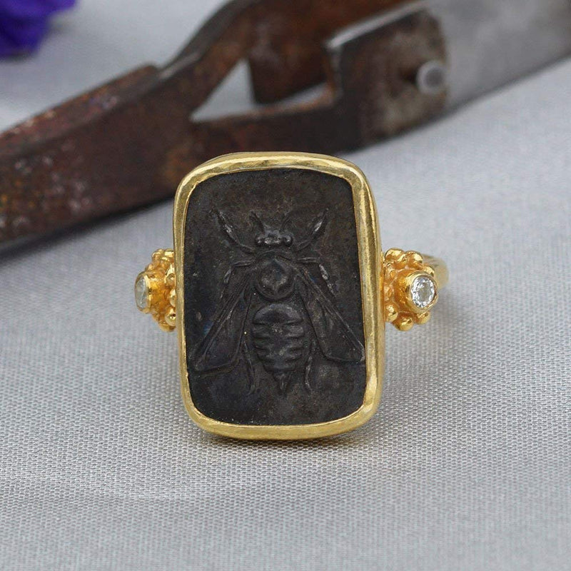 Bee Oxidized Coin Ring W/White Topaz Sterling Silver Handmade 24k Gold Plated