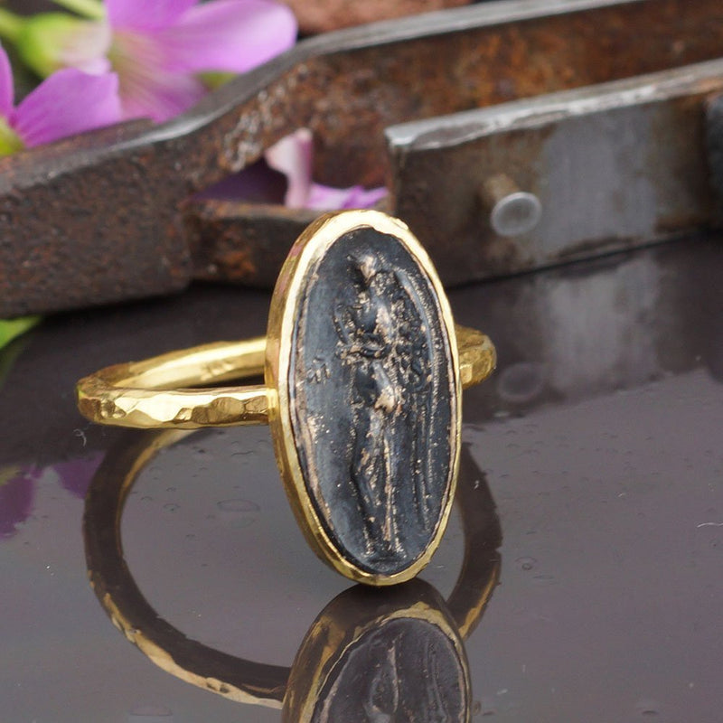 Turkish Oxidized Angel Ring Handmade Designer Jewelry By Omer 925 Sterling Silver 24 k Yellow Gold Plated