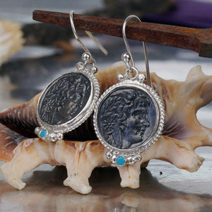 925 Silver Blackened Alexander Coin Turquoise Earrings Handmade Jewelry By Omer