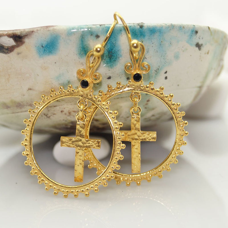 Omer 925k Silver Handmade Designer Cross Hook Earrings 24 k Yellow Gold Vermeil