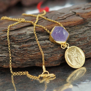 925 k Silver Bee Coin Raw Amethyst Necklace 24k Gold Plated Handcrafted by Omer