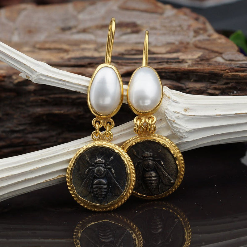 Turkish Bee Coin Earrings Handmade Designer Jewelry By Omer 925 Sterling Silver 24 k Yellow Gold Plated