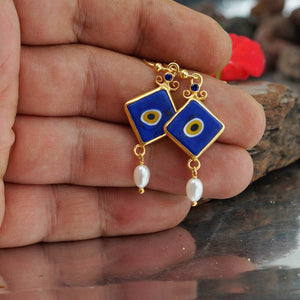 925 Silver Turkish Handmade Turkish Evil Eye Blue Iolite & Pearl Gold Earrings