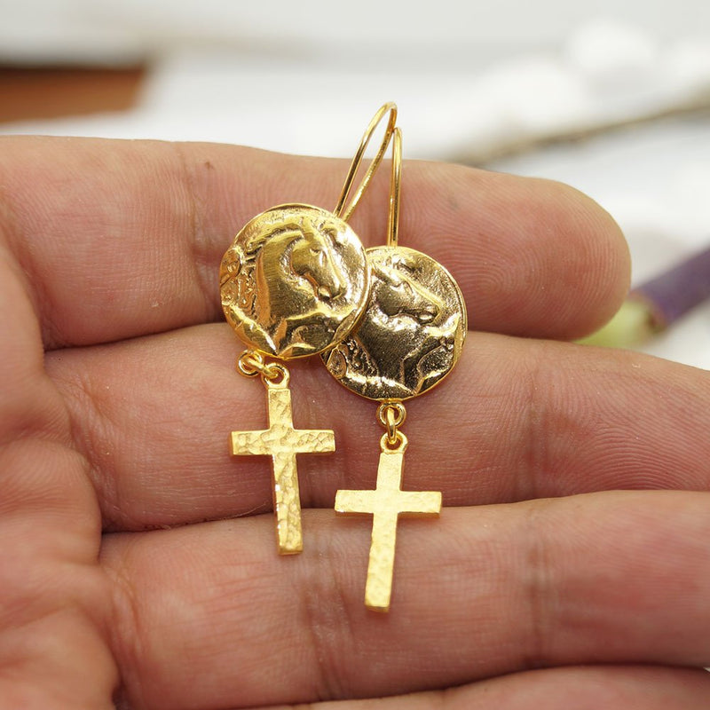 925 Sterling Silver Horse Coin Earrings 24k Yellow Gold Vermeil Handcrafted Jewelry Women Earrings Ancient Roman Art