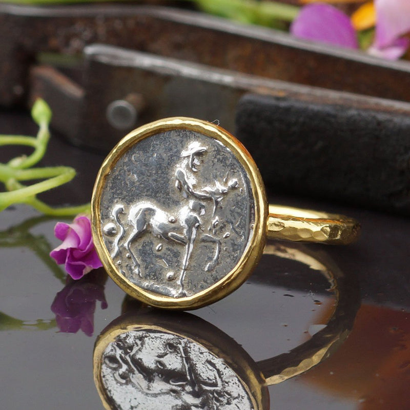 Turkish Centaur Coin Ring Handmade Designer Jewelry By Omer 925 Sterling Silver 24 k Yellow Gold Plated