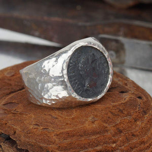 FREE SIZE Omer Blackened Signet Coin Men's Ring Roman Art Handmade 925 Silver