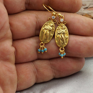 Roman Art Coin W/ White Topaz / Turquoise Charm Earrings 24 k Yellow Gold Plated Handmade Turkish Designer Jewelry Sterling Silver 925k