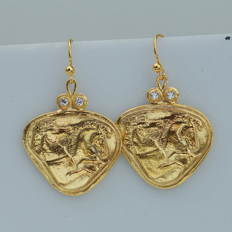 925 k Sterling Silver Horse Coin Gold Earrings Turkish Designer Jewelry By Omer