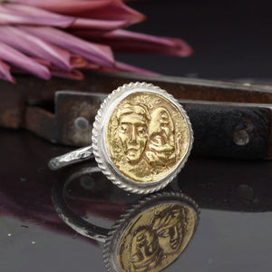 Sterling Silver 925k 2 Tone Handcrafted Greek Art Coin Ring By Omer 24k Gold Ver