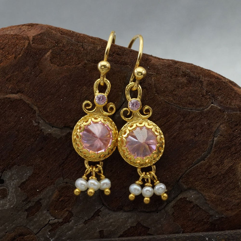 Sterling Silver 925 k Handmade Pink Topaz Pearl Charm Artisan Gold Earrings