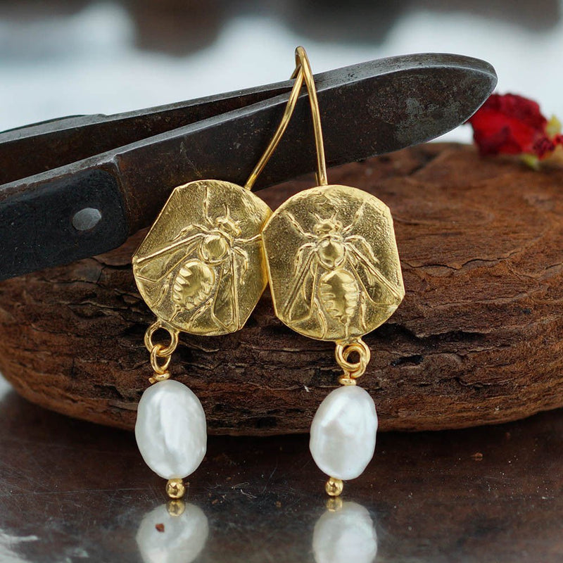 925 k Sterling Silver Bee Coin W/Pearl Charm Earrings Turkish handcraft Fine Jewelry By Omer