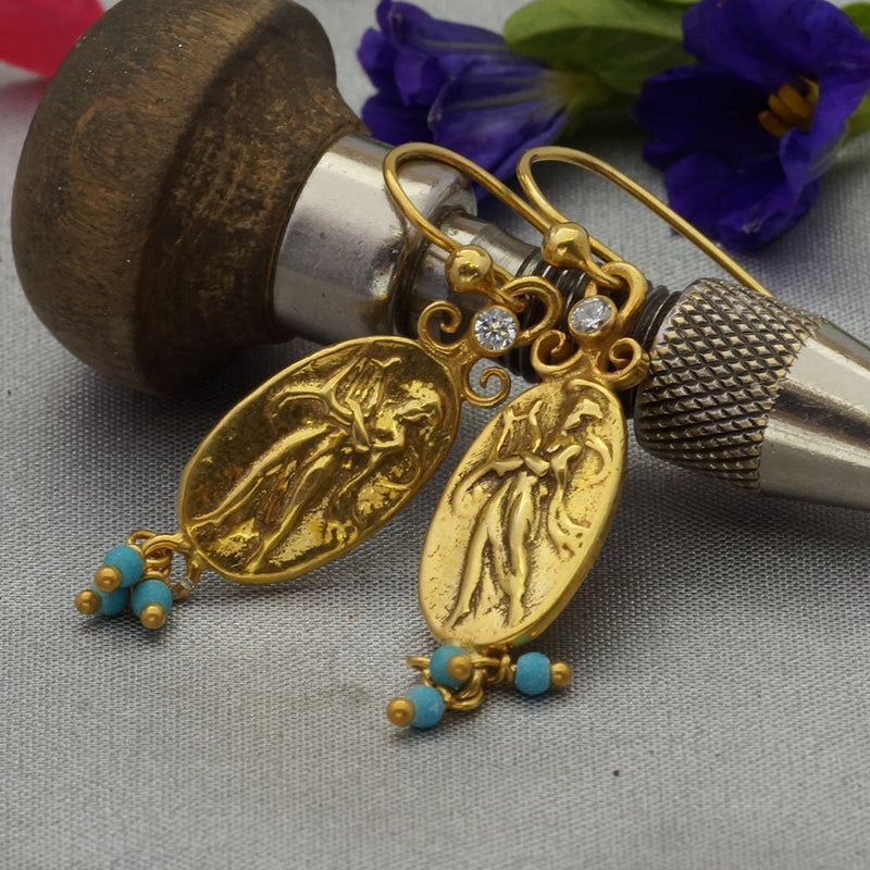Roman Art Coin W/ White Topaz / Turquoise Charm Earrings 24 k Yellow Gold Plated