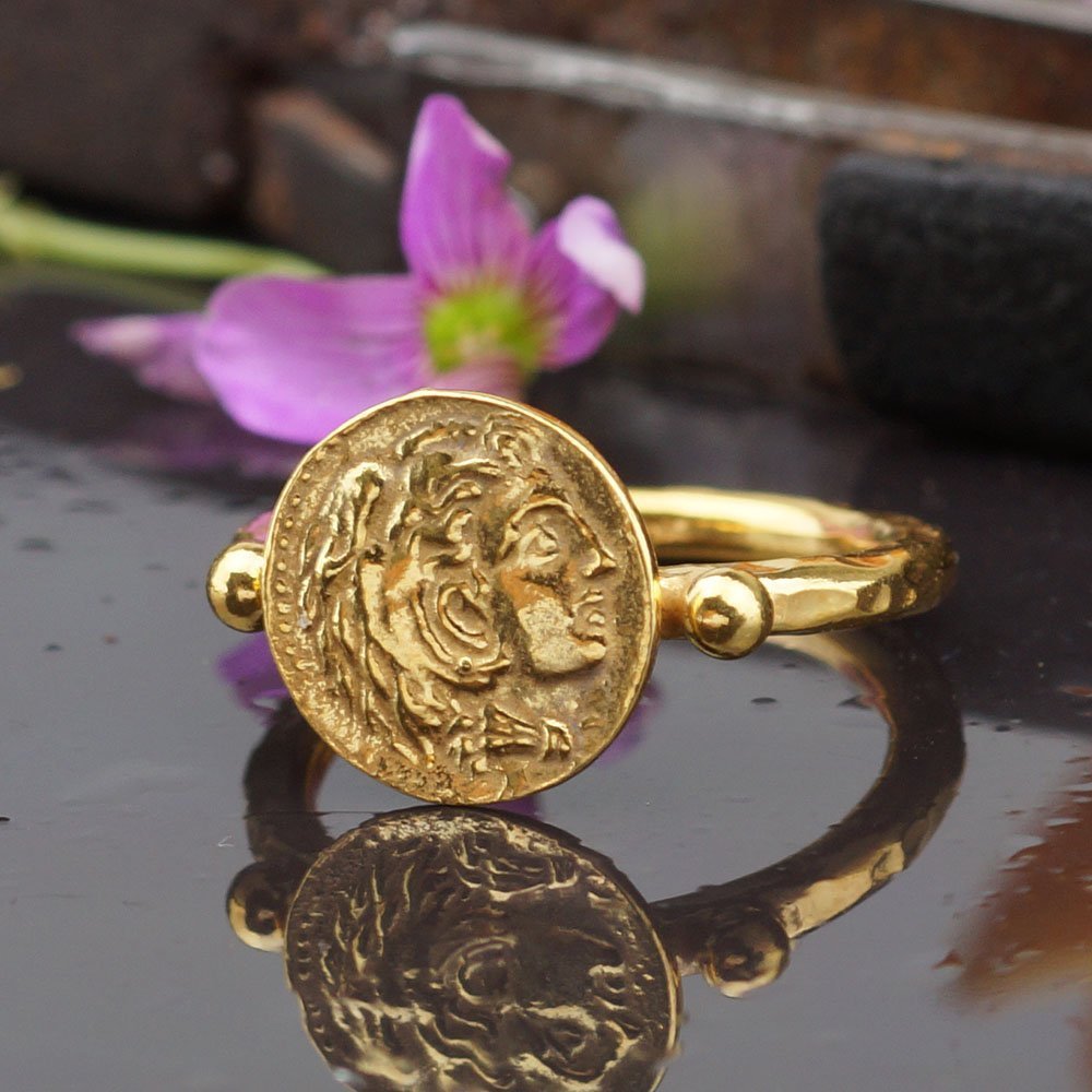 Turkish Bronze Coin Ring Handmade Designer Jewelry By Omer 925 Sterling Silver 24 k Yellow Gold Plated