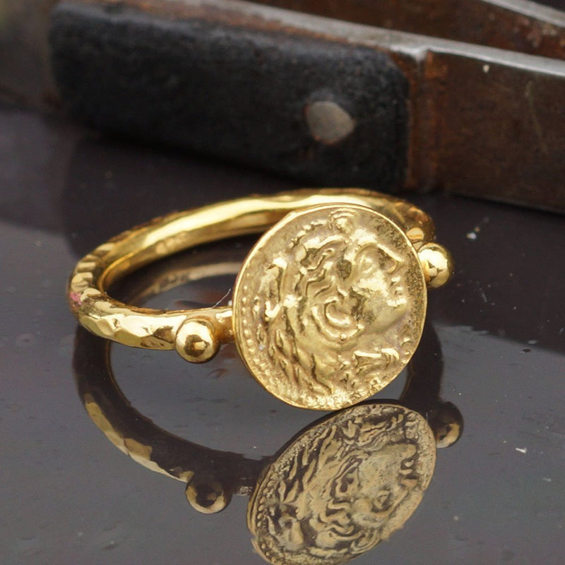 925k Sterling Silver Handmade Roman Art Designer Hammered Round Coin Ring 24k Ye