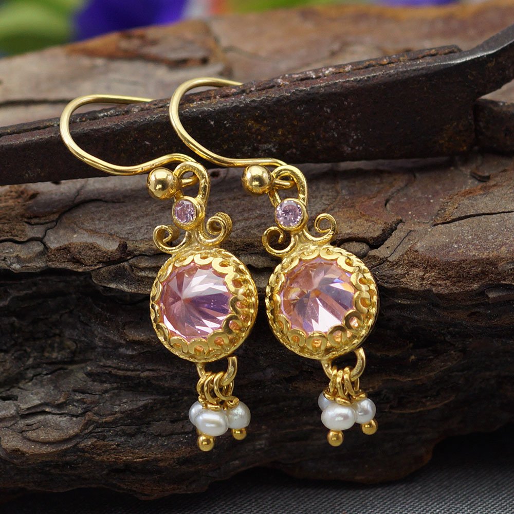 Turkish Pink Topaz Earrings Handmade Designer Jewelry By Omer 925 Sterling Silver 24 k Yellow Gold Plated