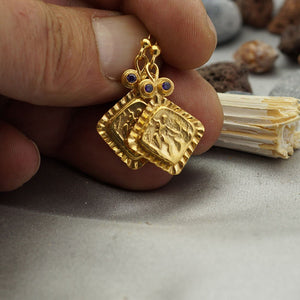 Roman Art Coin W/ Amethyst Earrings 24 k Yellow Gold Plated Handmade Turkish Designer Jewelry Sterling Silver 925k