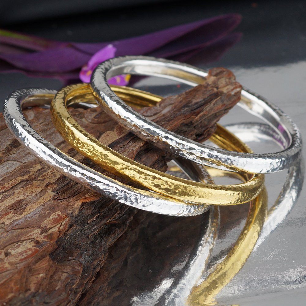 3 pcs Sterling Silver Hammered Bangle Set Handmade By Omer Turkish Jewelry