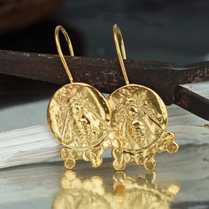 925 Sterling Silver Bee Coin Granulated Handcrafted Earrings 24k Gold Vermeil