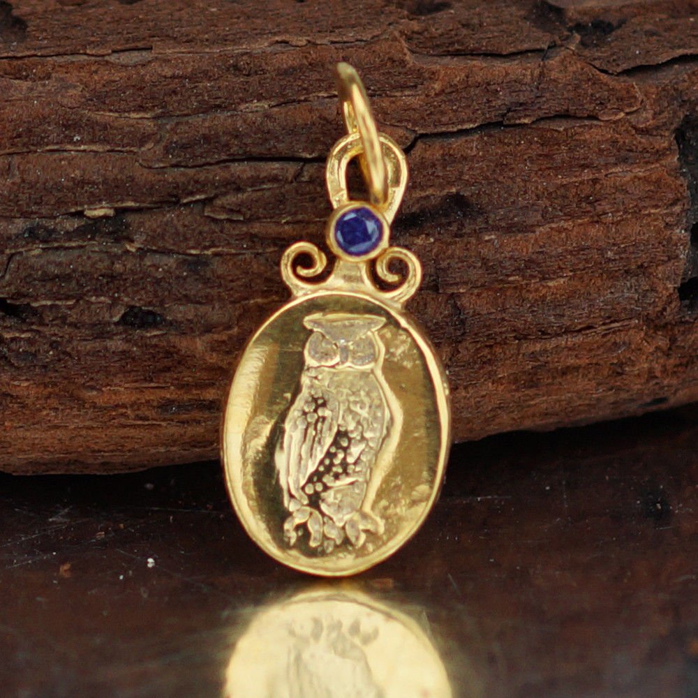 925 Sterling Silver Blue Iolite Owl Coin Pendant Turkish Handmade Fine Jewelry