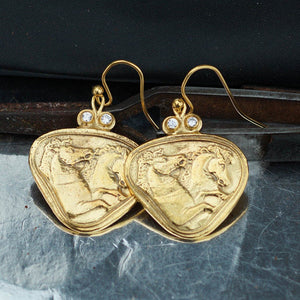 925 k Sterling Silver Horse Coin Gold Earrings Turkish Designer Jewelry By Omer