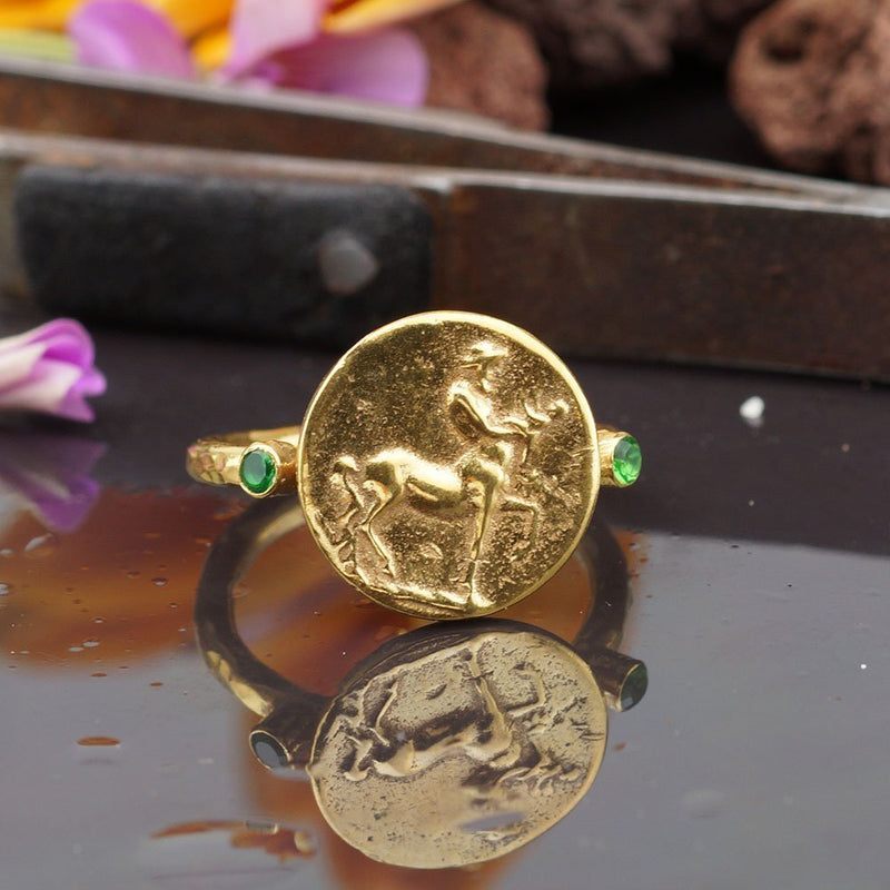 Sterling Silver 925 Roman Art Handcrafted 24k Gold Vermeil Centaur Coin Ring W/