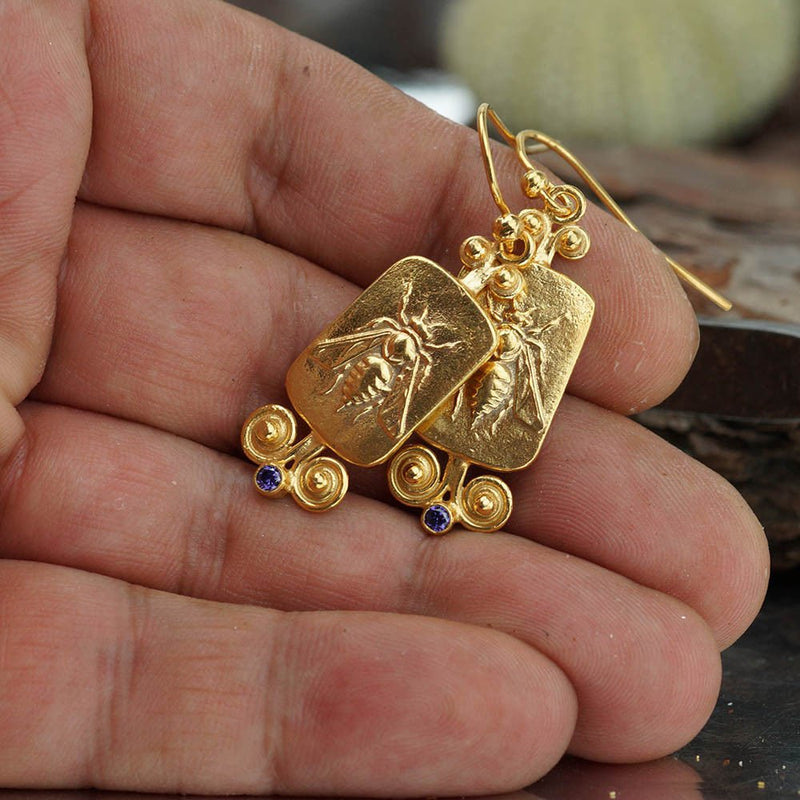 925 Sterling Silver Bee Coin Iolite Earrings 24k Gold Vermeil Handcrafted Turkish Fine Jewelry Women Earrings Roman Art Design