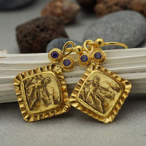 Roman Art Coin Amethyst Earrings Handmade Turkish Designer Jewelry By Omer