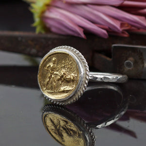 Turkish Coin Ring Handmade Designer Jewelry By Omer 925 Sterling Silver 24 k Yellow Gold Plated