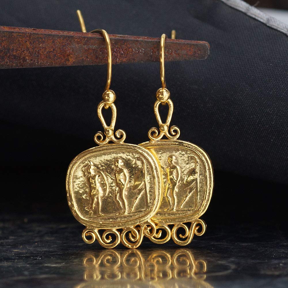 Turkish Coin Earrings Handmade Designer Jewelry By Omer 925 Sterling Silver 24 k Yellow Gold Plated