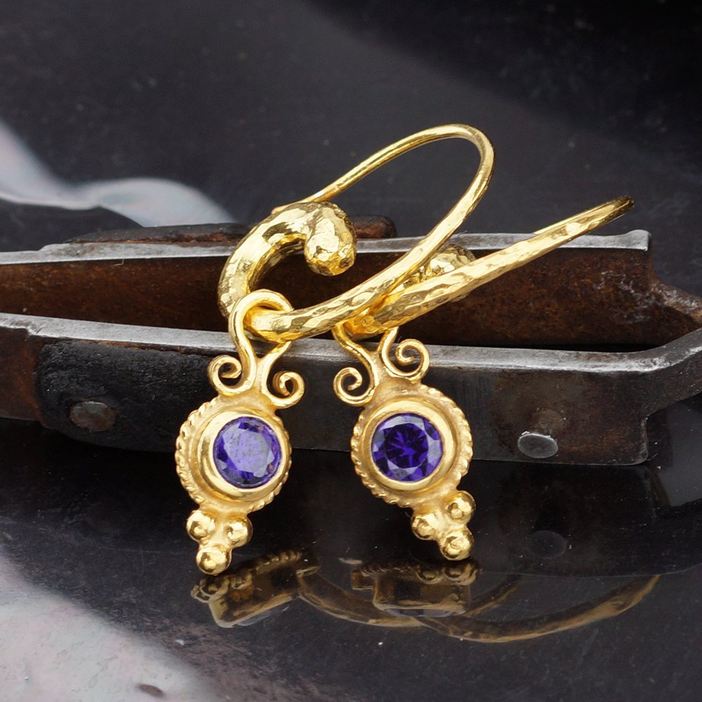Turkish Amethyst  Earrings Handmade Designer Jewelry By Omer 925 Sterling Silver 24 k Yellow Gold Plated
