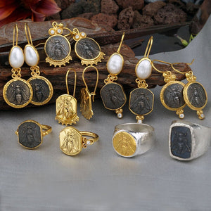 Bee Coin Ring W/ Red Topaz Roman Art Handmade Sterling Silver By Omer 24k Gold V