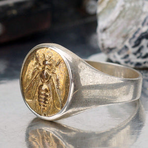 925 Silver Bee Coin Signet Men's Ring Satin Finish Handmade Designer Jewellery