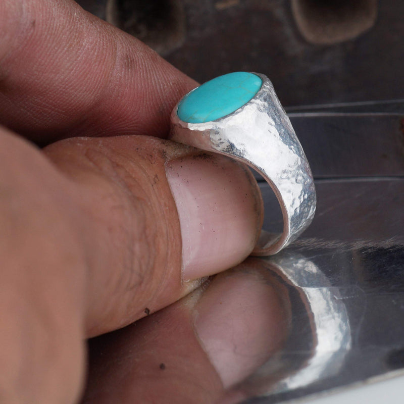 925 k Silver Omer Hammered Turkish Turquoise Gemstone Men's Signet Ring Jewelry