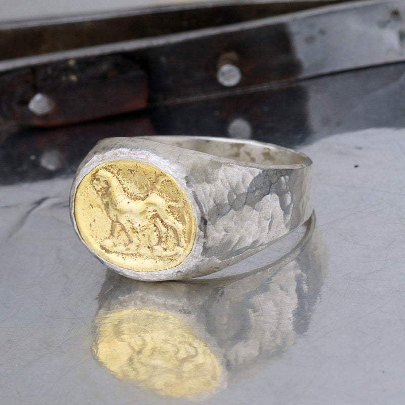 AtlantisFineJewels Lion Coin Men's Ring Hammered Handmade 925 k Sterling Silver