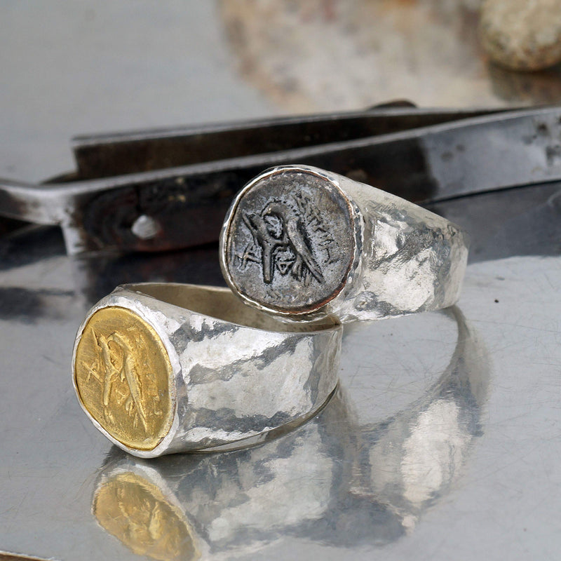 Omer  Eagle Coin Unisex Men Turkish Designer Ring Hammered 925 Sterling Silver