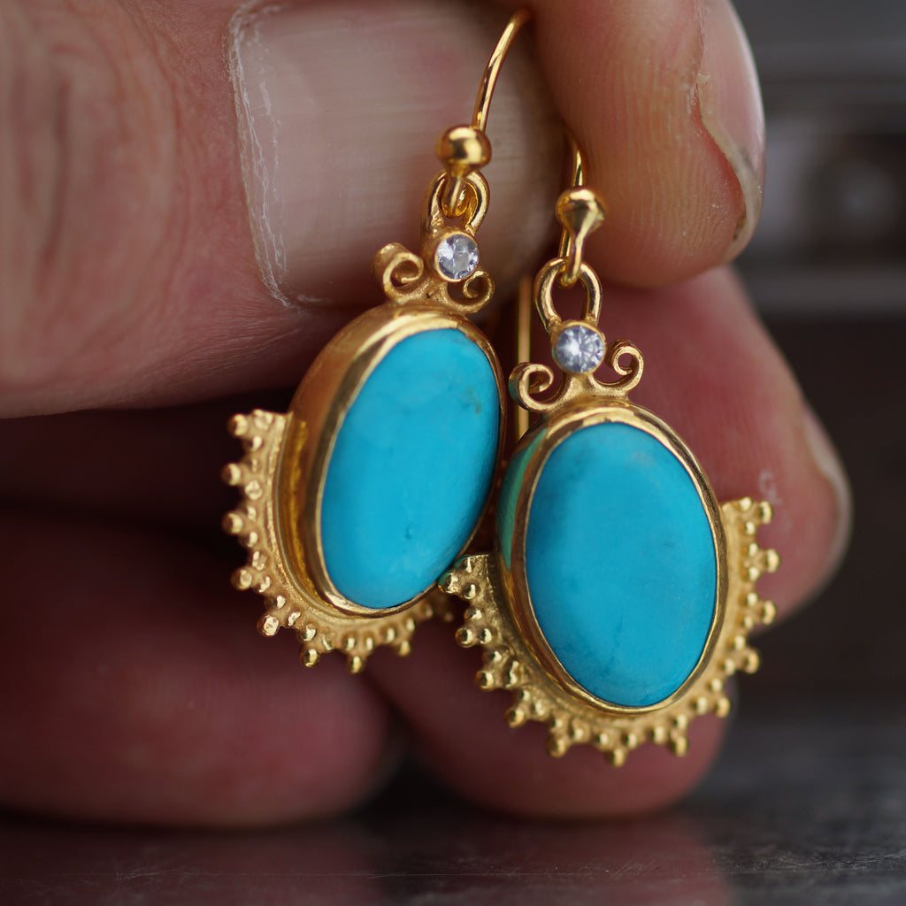 Omer 925 k Sterling Silver Handmade Roman Art Turquoise Cleopatra Gold Earrings