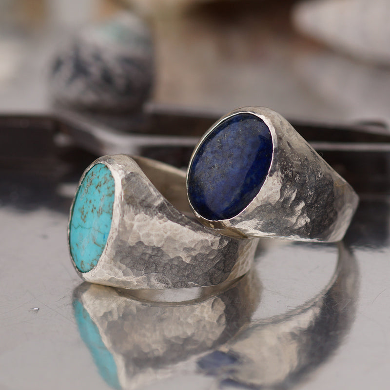 Large Lapis Lazuli Men's/Unisex Ring Hammered Handmade  By Omer Turkish Jewelry