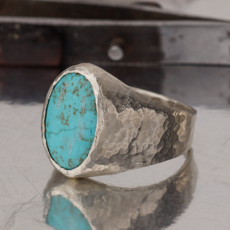 Sterling Silver Large Turquoise  Men's/Unisex Ring Hammered Handmade  By Omer