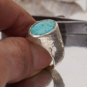 Sterling Silver Large Turquoise  Men's/Unisex Ring Hammered Handmade  By Omer