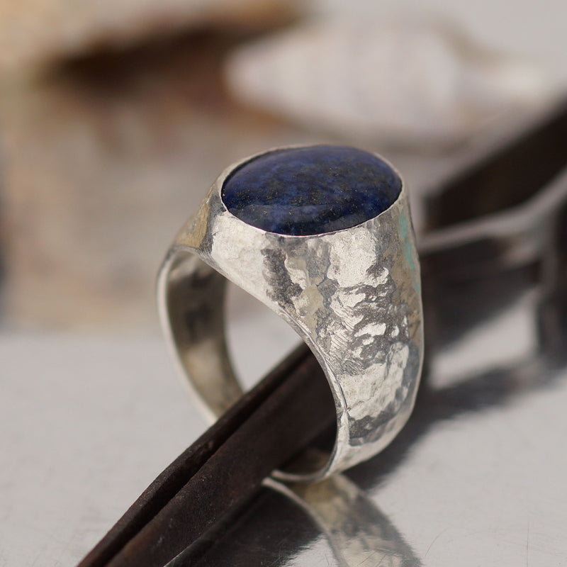 Large Lapis Lazuli Men's/Unisex Ring Hammered Handmade  By Omer Turkish Jewelry